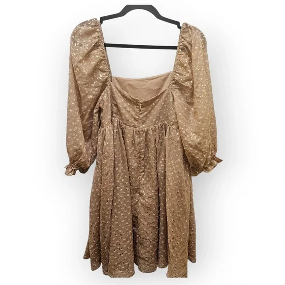 Storia Women Gold Flake Embroidered Dots Babydoll Puff Sleeve Mini Dress Small - Picture 2 of 10